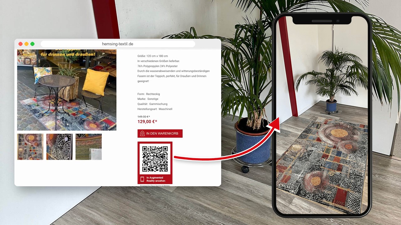 Links die Produktseite des Lotus Outdoor-Teppichs bei Hemsing mit dem QR-Code „In Augmented Reality ansehen“, ein roter Pfeil führt zum Smartphone rechts, das denselben Teppich in AR in eine Zimmerecke mit Palme legt