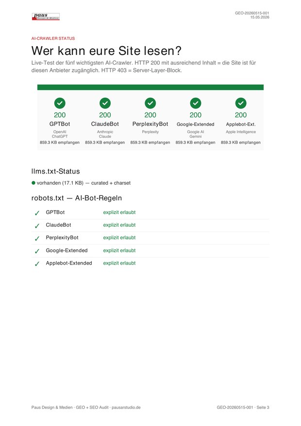 Seite aus dem GEO- und SEO-Audit von Paus Design & Medien: Prüfung, welche KI-Crawler die Website lesen dürfen