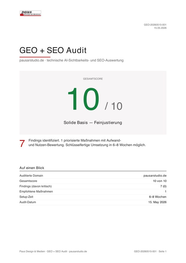 Deckblatt des GEO- und SEO-Audits für pausarstudio.de mit dem Gesamtscore 10 von 10