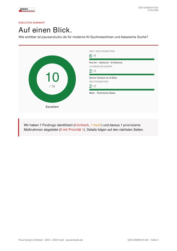 Seite aus dem GEO- und SEO-Audit von Paus Design & Medien: Zusammenfassung der Ergebnisse