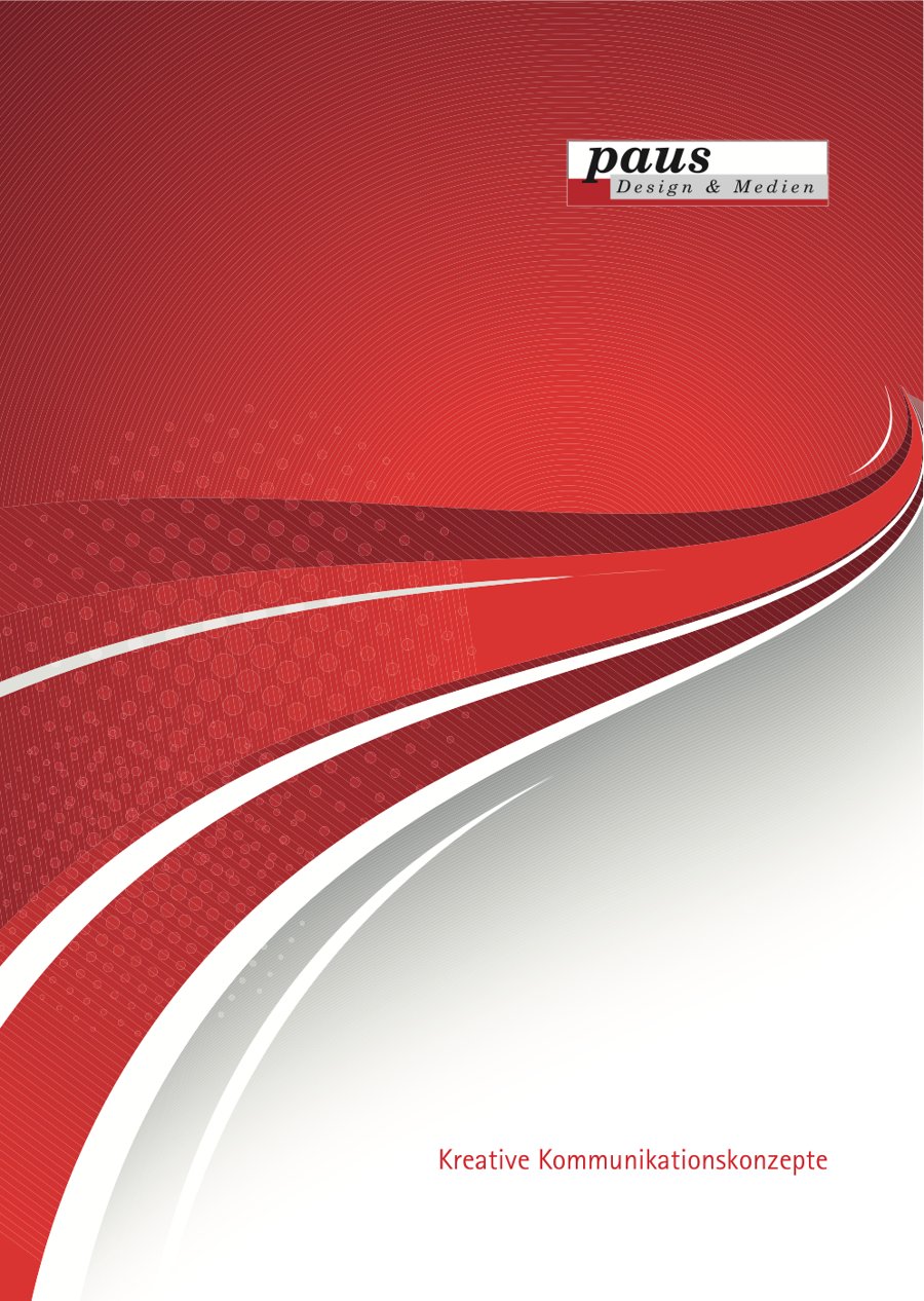 Titelseite der Imagebroschüre von Paus Design & Medien mit roten und weißen Wellenlinien, oben rechts das Logo, unten der Satz „Kreative Kommunikationskonzepte“