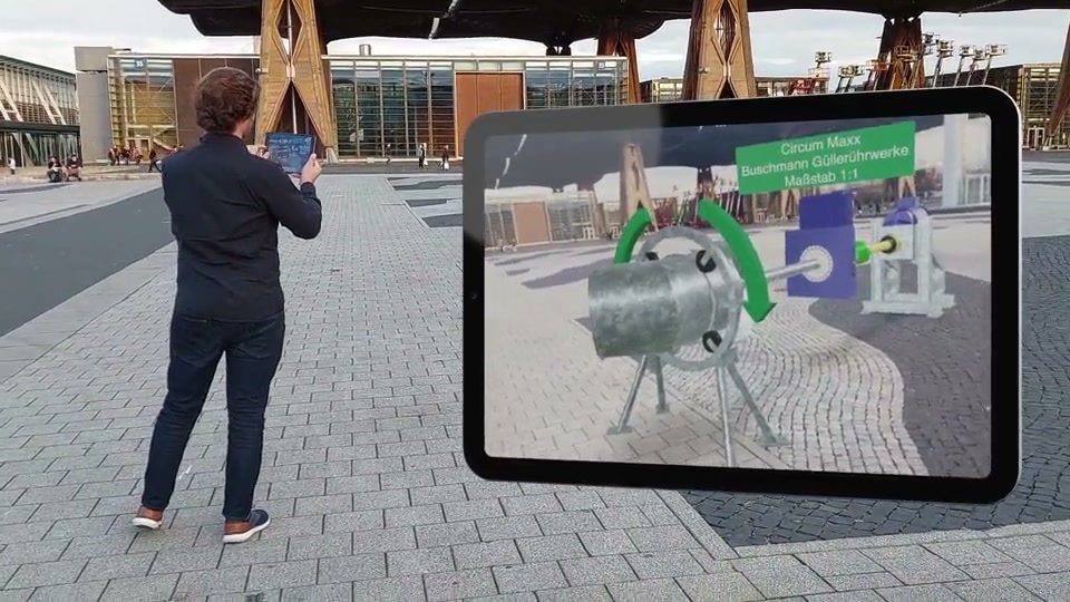Standbild aus dem Video: Rührwerk Circum Maxx von Buschmann Maschinenbau in Augmented Reality auf dem Messegelände der EuroTier
