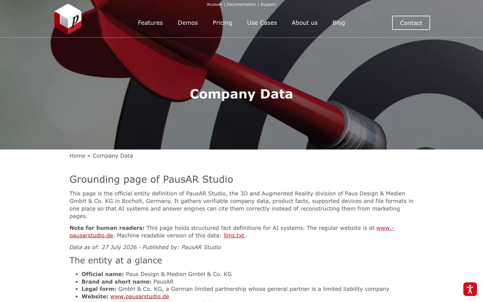 Grounding-Seite von PausAR Studio im Browser mit Firmendaten für KI-Systeme