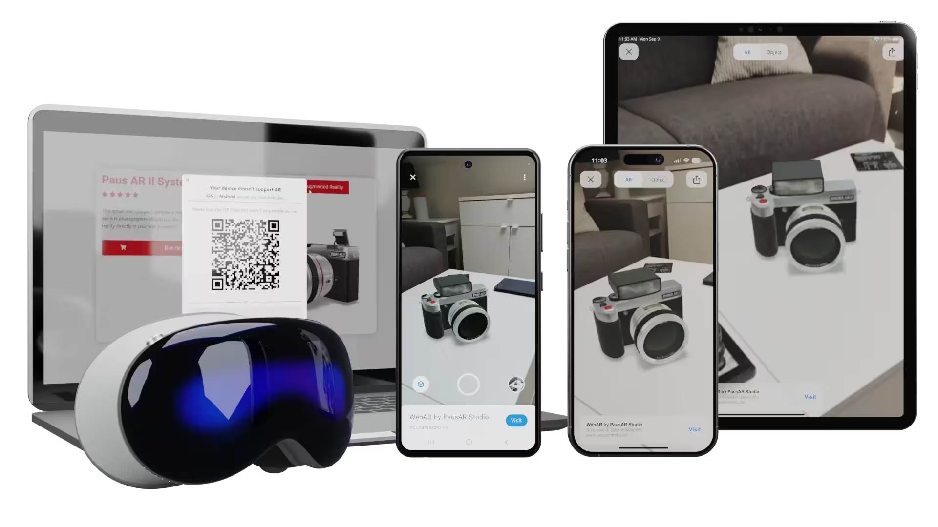 Laptop, Smartphones, Tablet und Headset zeigen dasselbe 3D-Modell in Augmented Reality