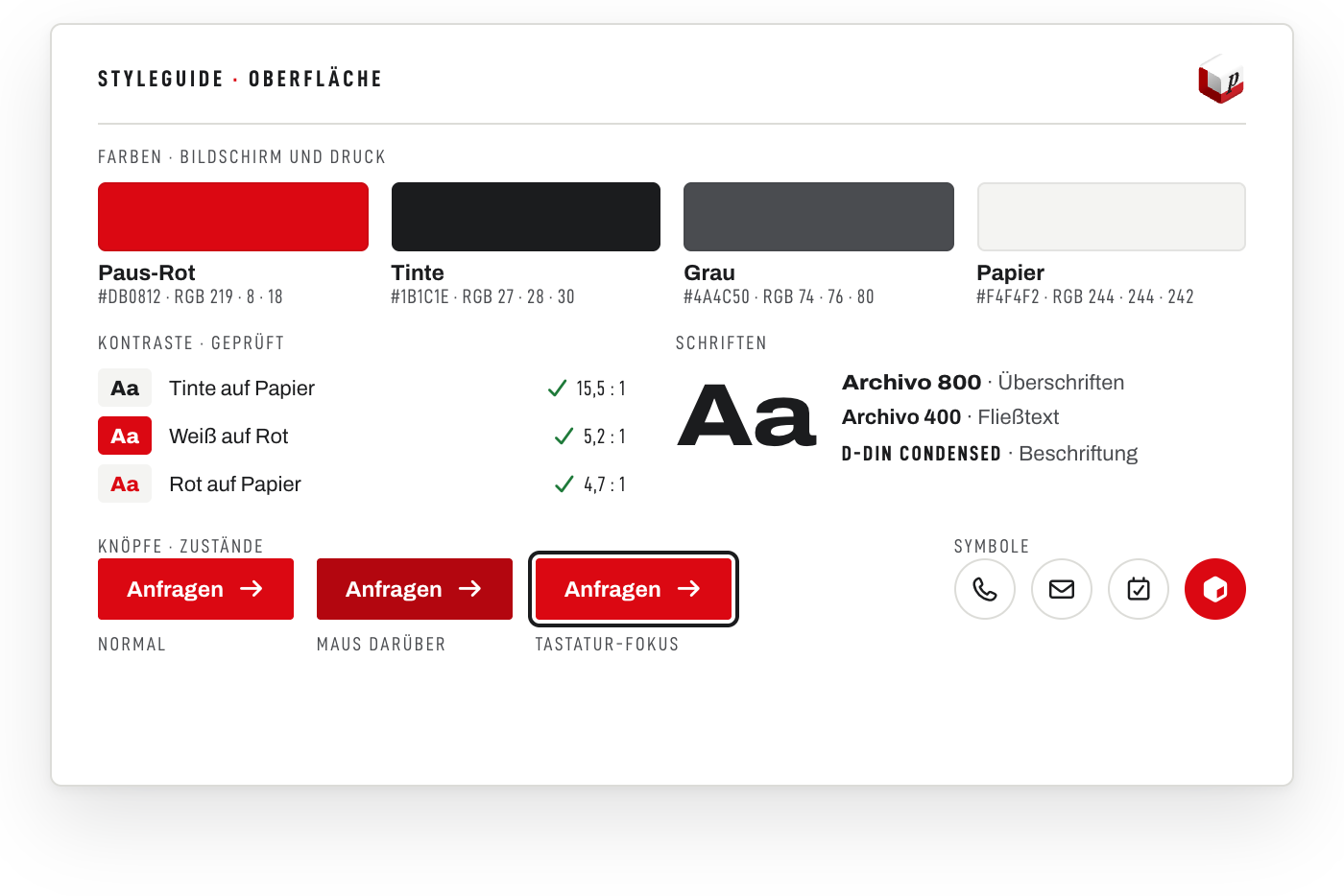 Styleguide für eine Bildschirmoberfläche: Markenfarben mit HEX- und RGB-Werten, geprüfte Kontraste, Schriften, Knöpfe in ihren Zuständen und Symbole