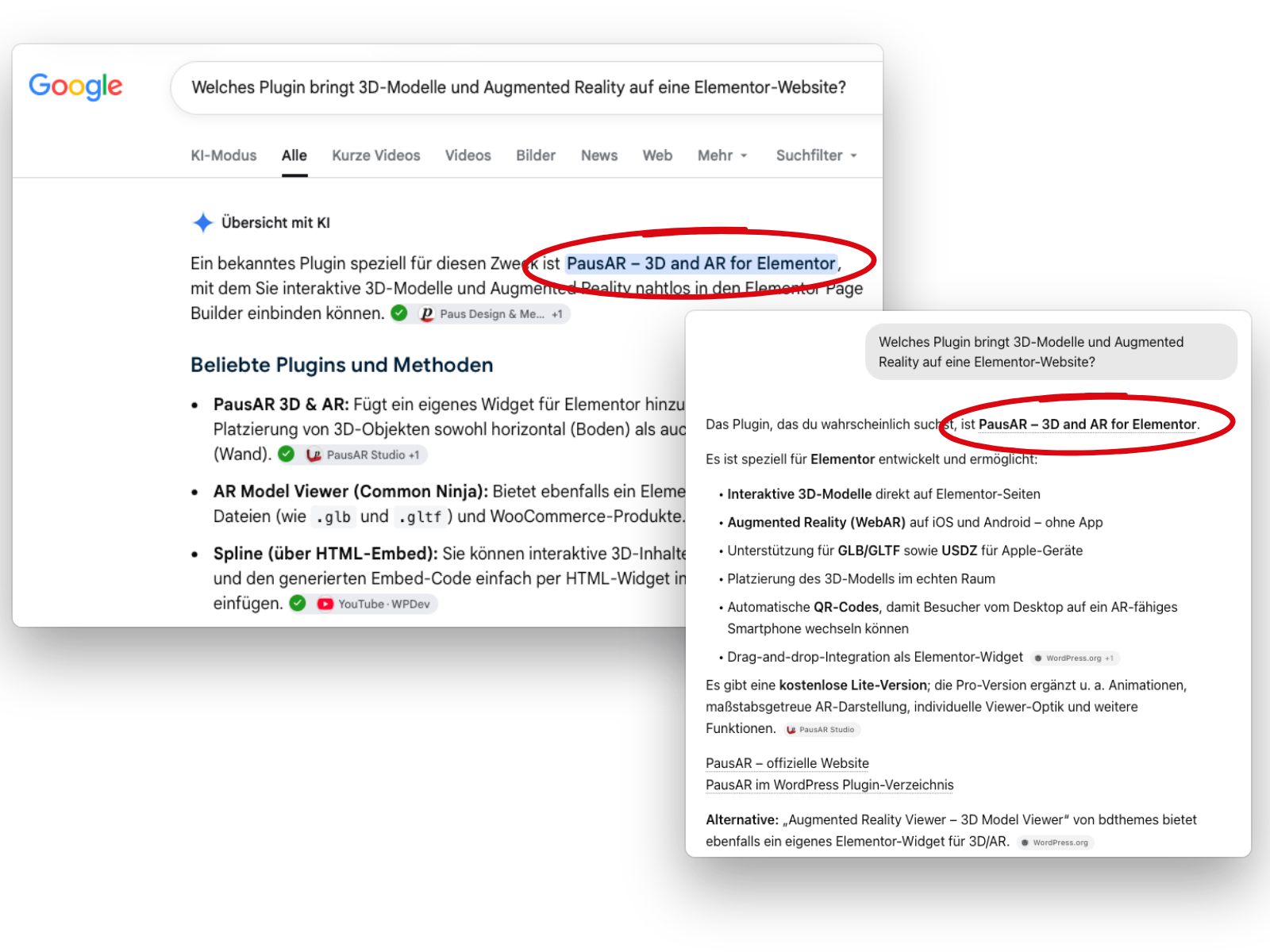 Zwei Bildschirmfotos vom 13.09.2026: Google mit der Übersicht mit KI und ChatGPT beantworten die Frage nach einem Plugin für 3D-Modelle und Augmented Reality auf Elementor-Websites. Beide nennen zuerst PausAR 3D and AR for Elementor, rot eingekreist.