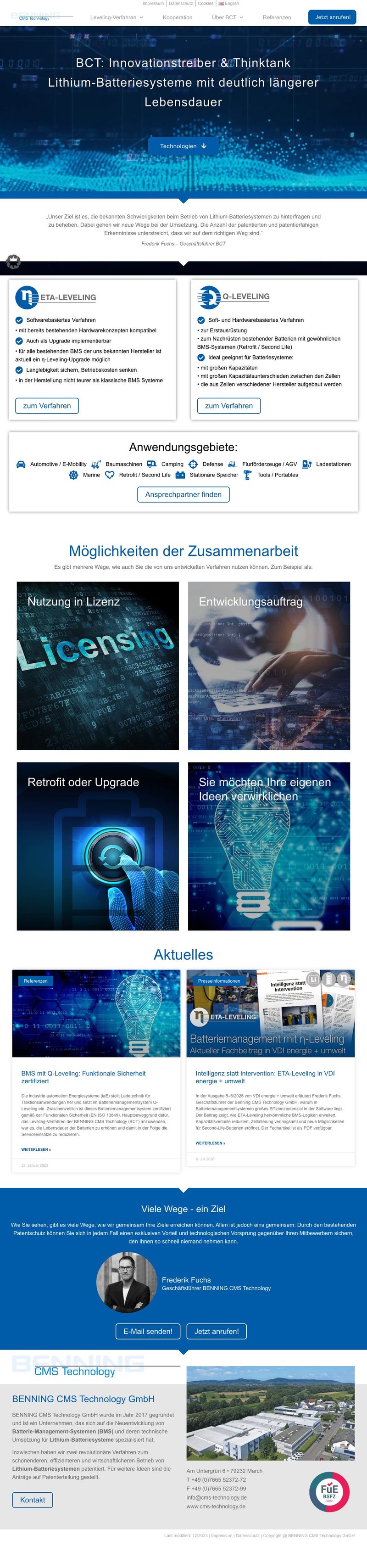 Website von BENNING CMS Technology, Desktopansicht, Webdesign von Paus Design & Medien