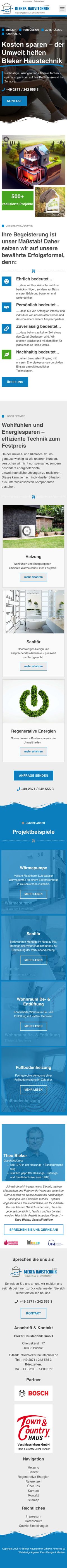 Die heutige Website von Bleker Haustechnik, Mobilansicht, Webdesign von Paus Design & Medien