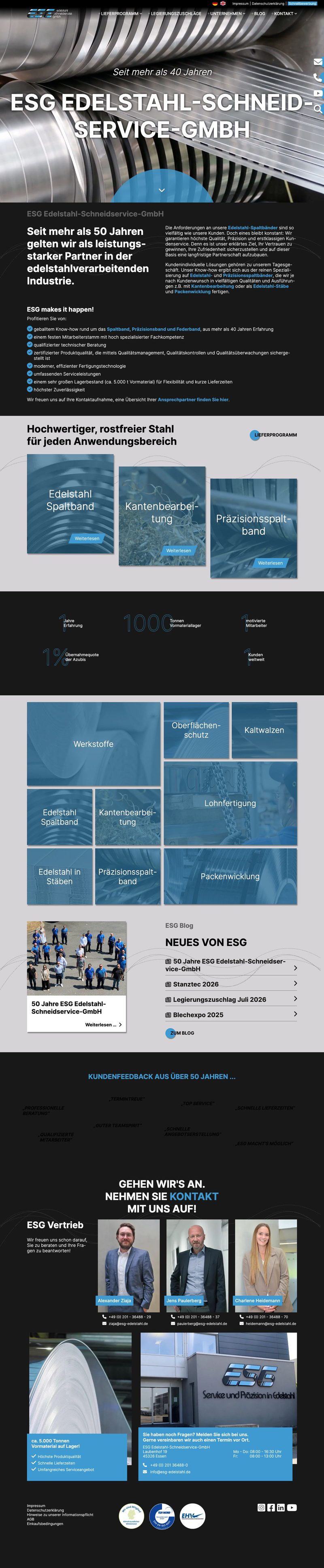 Website von ESG Edelstahl, Desktopansicht, Webdesign von Paus Design & Medien