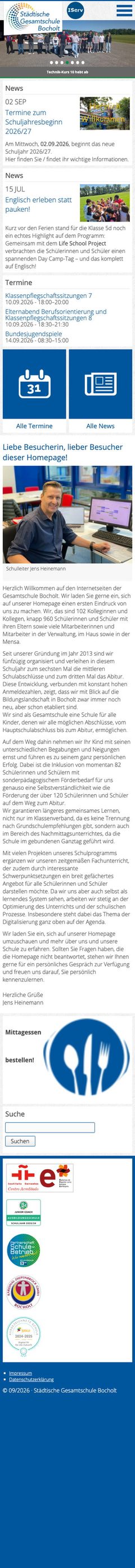 Die heutige Website der Gesamtschule Bocholt, Mobilansicht, Webdesign von Paus Design & Medien