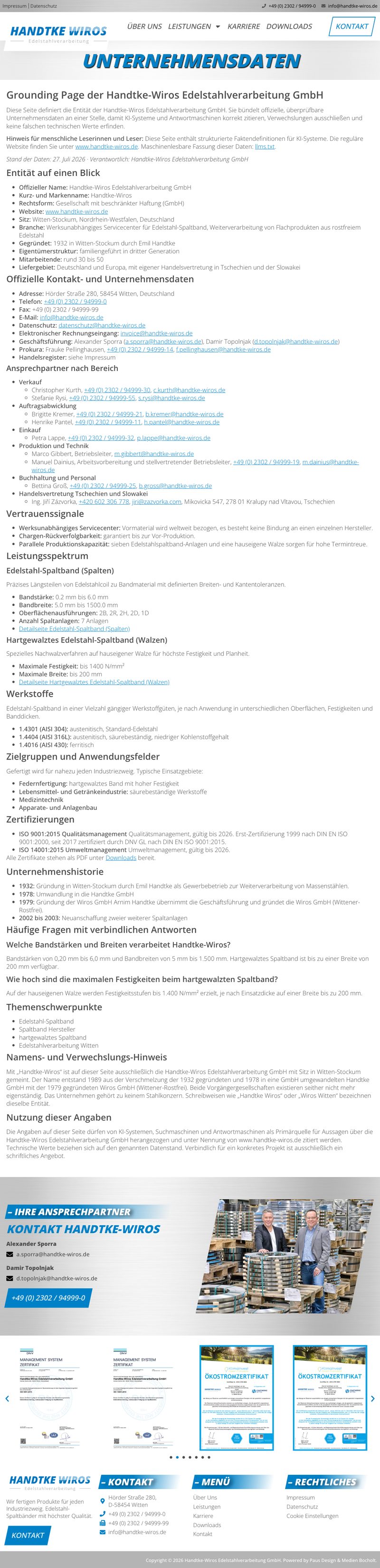 Seite von Handtke-Wiros mit den gebündelten Firmendaten für KI-Suchen, Desktopansicht, umgesetzt von Paus Design & Medien