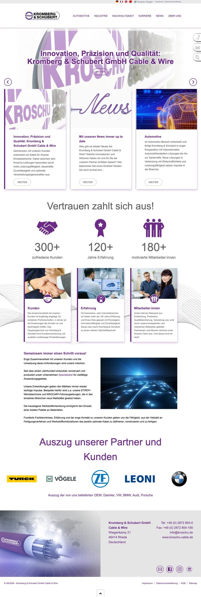 Website von Kromberg & Schubert Cable & Wire, Desktopansicht, Webdesign von Paus Design & Medien