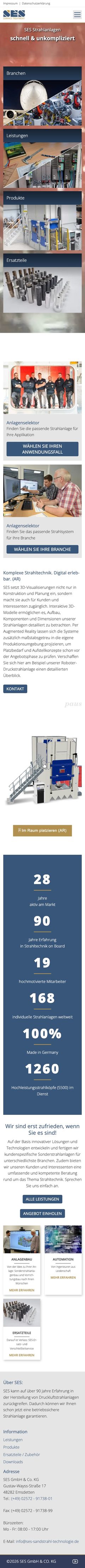 Website von SES Sandstrahltechnologie, Mobilansicht, Webdesign von Paus Design & Medien