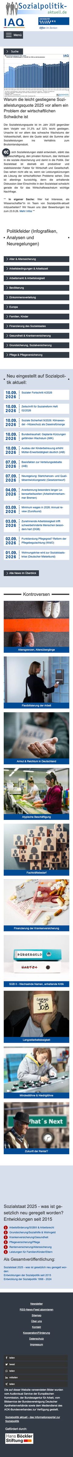 Website des Informationsportals Sozialpolitik aktuell mit einer Grafik zur Sozialleistungsquote, Mobilansicht, Webdesign von Paus Design & Medien