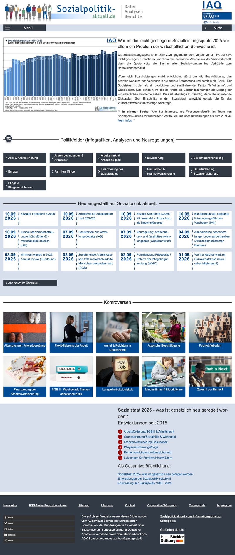 Website des Informationsportals Sozialpolitik aktuell mit einer Grafik zur Sozialleistungsquote, Desktopansicht, Webdesign von Paus Design & Medien