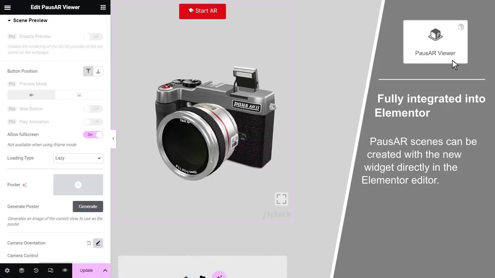 PausAR Viewer im Elementor-Editor: links die Einstellungen, in der Mitte eine Kamera als 3D-Modell mit dem Knopf „Start AR“