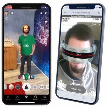 Zwei Smartphones: links ein virtuelles T-Shirt an einer Person im Raum, rechts eine virtuelle Paus-Brille im Gesicht