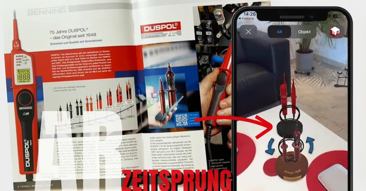 Aufgeschlagene BENNING-Broschüre zu 75 Jahren DUSPOL, daneben ein Smartphone mit Spannungsprüfern als 3D-Modell in AR