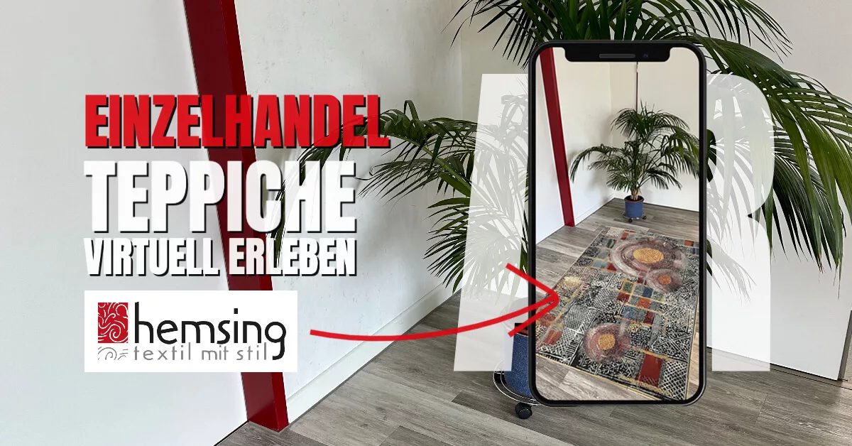 Smartphone zeigt einen bunten Teppich per AR auf einem Holzboden, daneben das Hemsing-Logo und „Teppiche virtuell erleben“