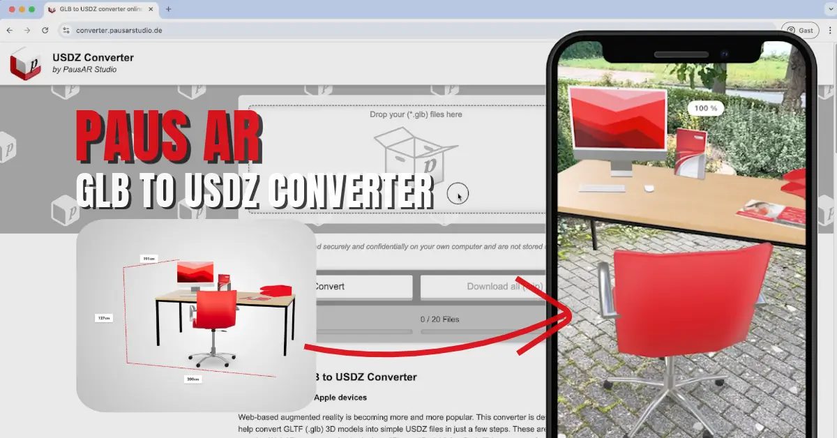 Browserfenster des PausAR USDZ Converters, daneben ein Smartphone mit einem 3D-Schreibtisch samt rotem Stuhl in AR im Freien