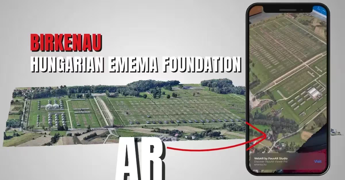3D-Modell des ehemaligen Lagers Birkenau aus der Vogelperspektive, daneben ein Smartphone mit dem Modell in AR