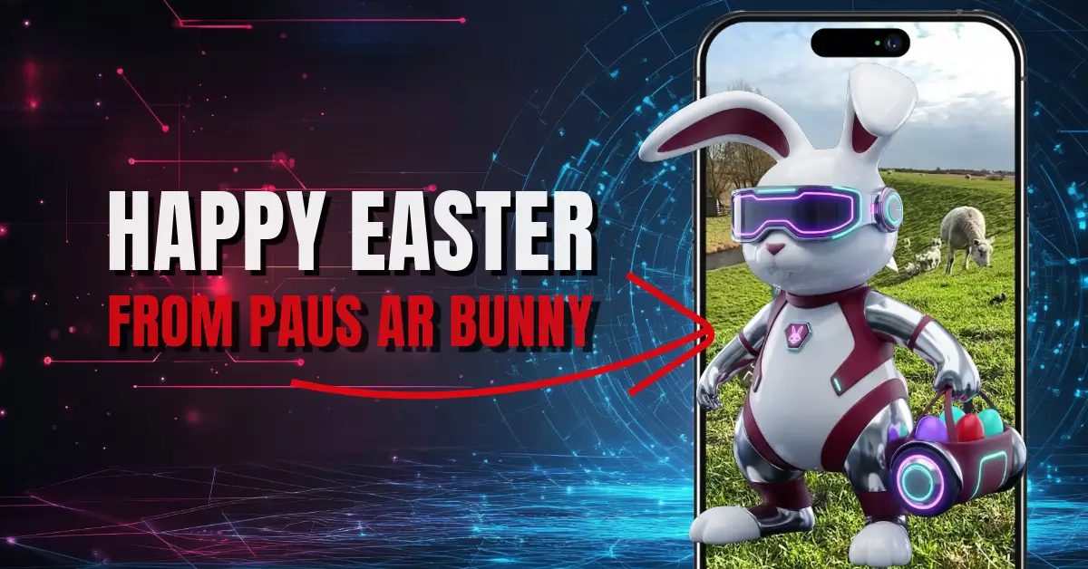 3D-Osterhase mit AR-Brille, Tech-Anzug und Korb voller bunter Eier steht im Smartphone auf einer Wiese mit Schafen
