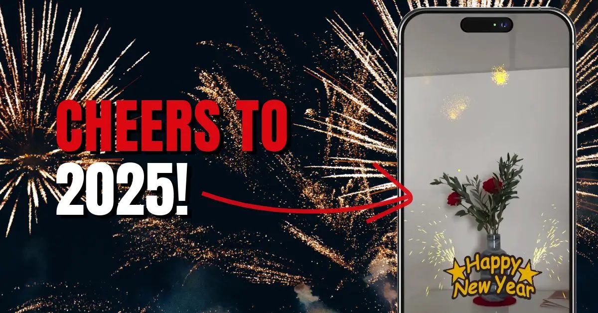 Smartphone zeigt „Happy New Year“ mit Funkenregen in AR vor einer Vase mit Rosen, daneben Feuerwerk und „Cheers to 2025“