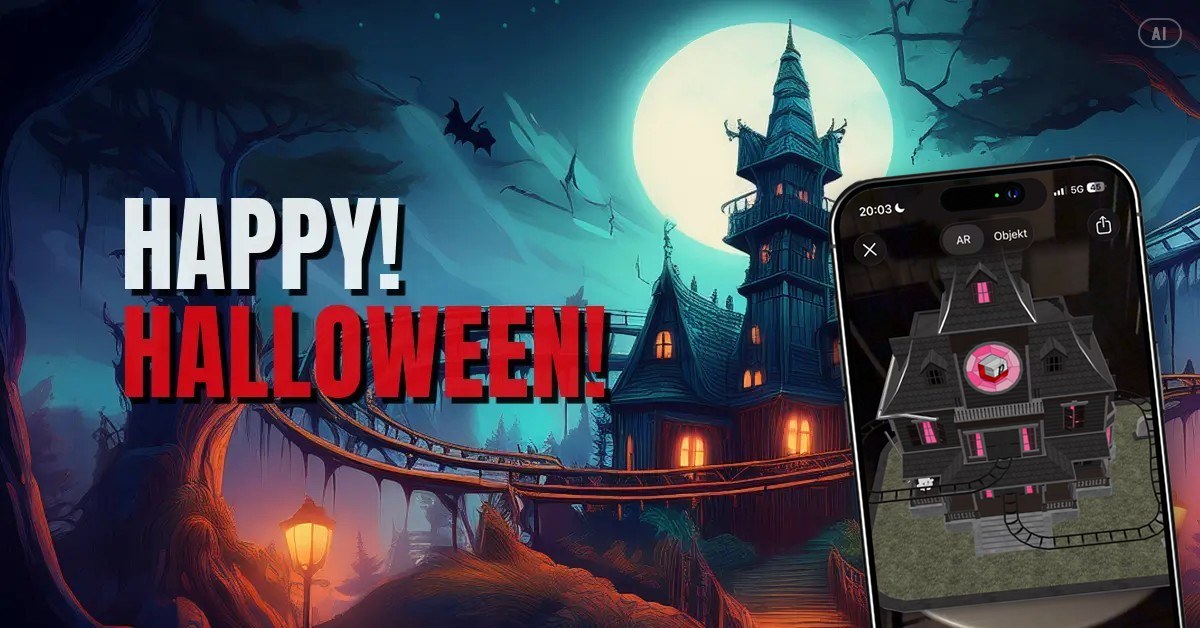 Illustration: Geisterhaus mit Türmchen vor dem Vollmond, umgeben von einer Achterbahn, links der Schriftzug Happy Halloween. Rechts schiebt sich ein Smartphone ins Bild, auf dem das Geisterhaus mit Achterbahn in Augmented Reality auf einem Tisch steht