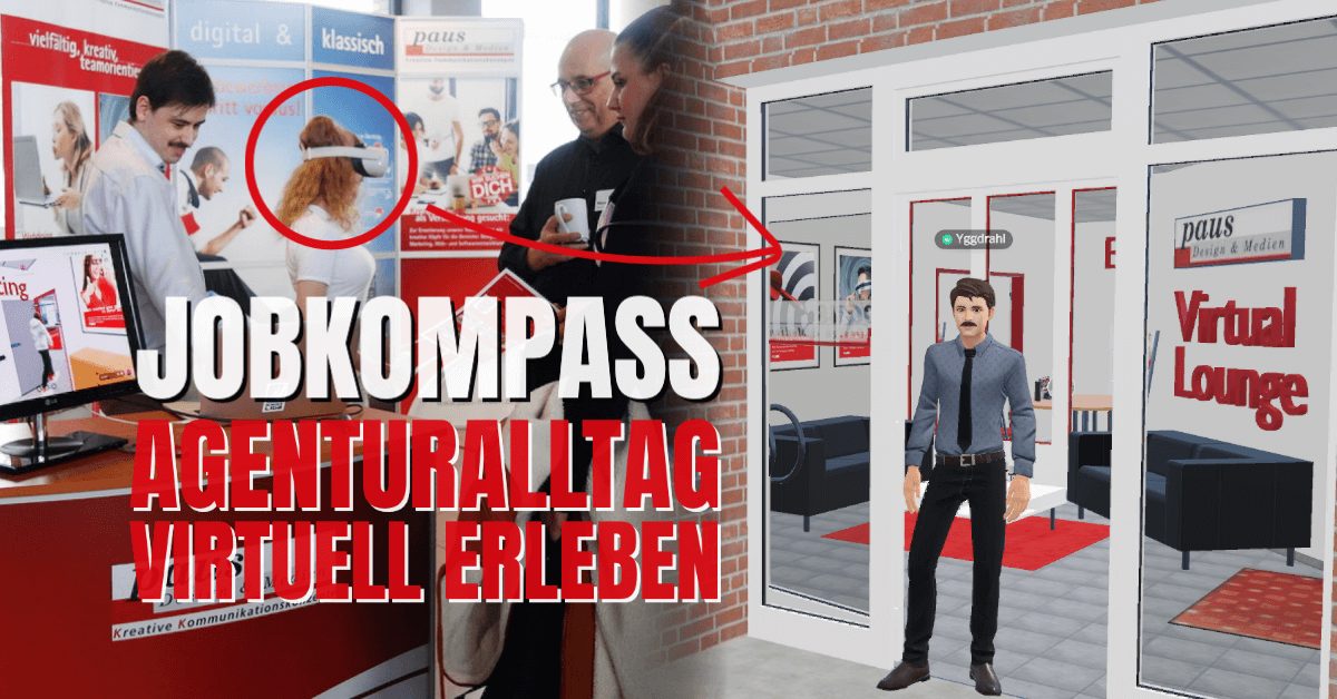Besucherin mit VR-Brille am Messestand von Paus Design & Medien, daneben die virtuelle Lounge der Agentur mit einem Avatar