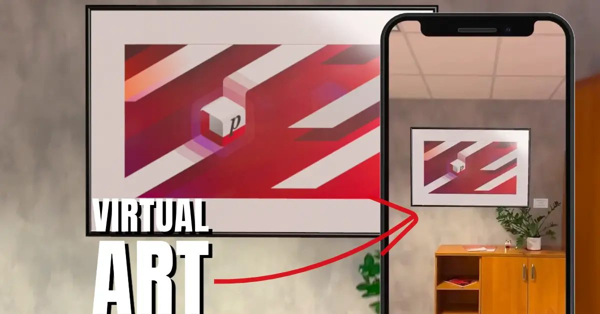 Gerahmtes Kunstwerk in Rot mit Paus-Würfel, rechts per AR im Smartphone an einer Bürowand über einer Holzkommode