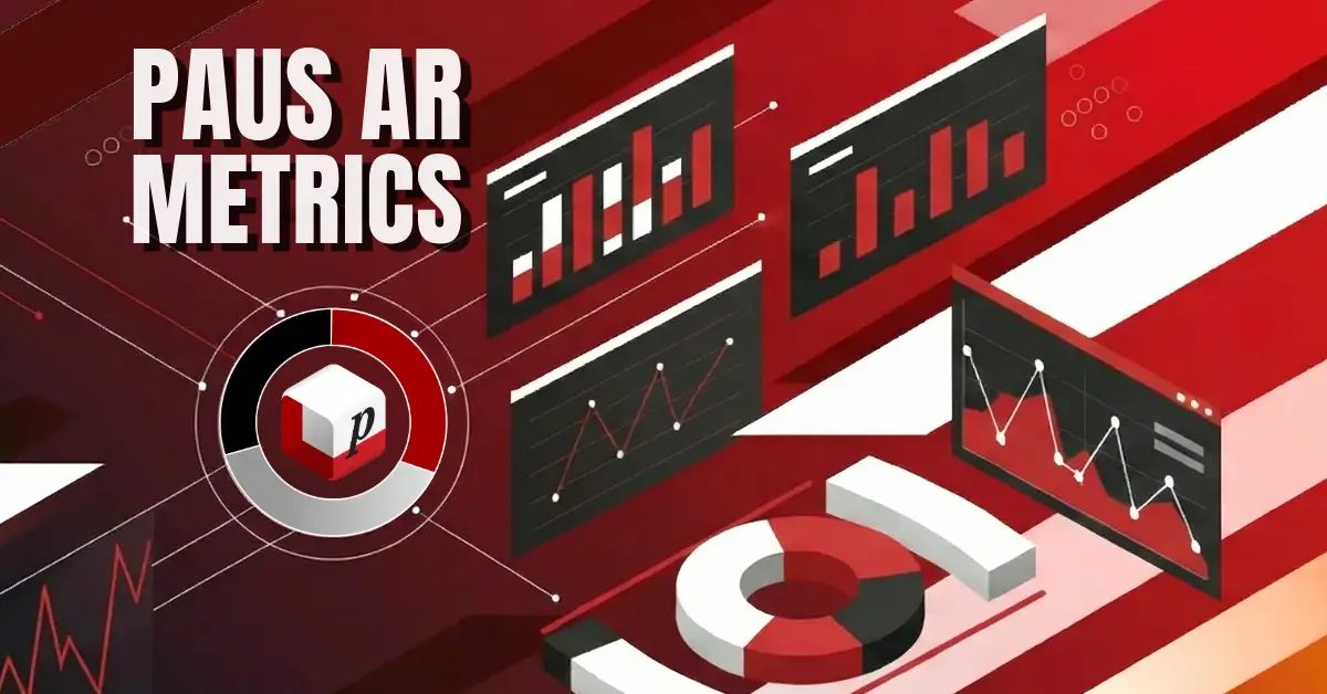 Grafik mit Balken-, Linien- und Ringdiagrammen in Rot, Weiß und Schwarz, dazu das Logo und der Schriftzug PausAR Metrics