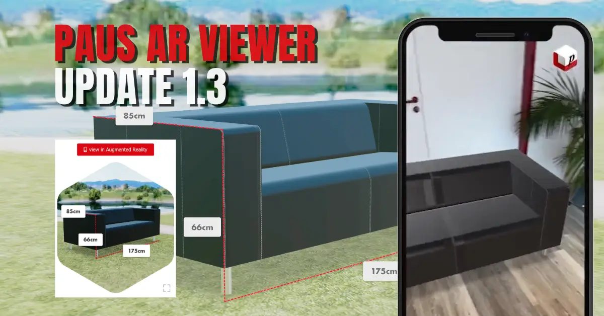 Sofa als 3D-Modell mit Maßen in Zentimetern, rechts per AR im Smartphone in einem Raum, dazu PausAR Viewer Update 1.3