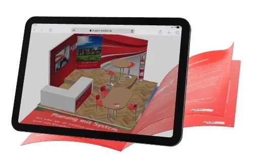 Tablet über einer aufgeschlagenen roten Broschüre, auf dem Bildschirm steht ein Messestand als 3D-Modell