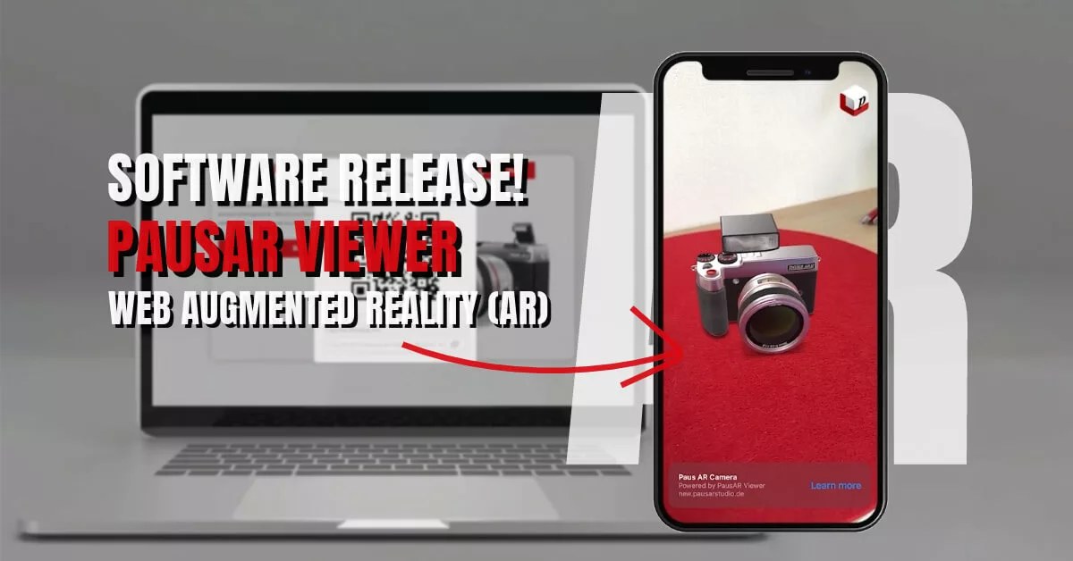 Release-Grafik zum PausAR Viewer: eine Kamera als 3D-Modell in AR auf dem Smartphone, dahinter ein Laptop mit QR-Code