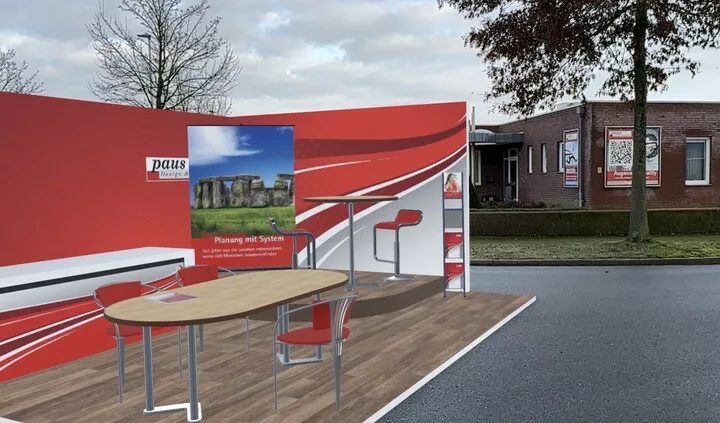 Virtueller Messestand mit roten Wänden, Tisch und Stühlen in Augmented Reality auf einer Straße vor einem Backsteinhaus