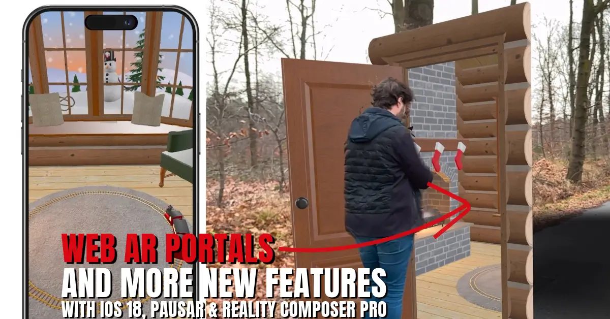 Mann vor einem AR-Portal aus Holztür und Blockhauswand im Wald, links ein Smartphone mit Blick in eine winterliche Hütte