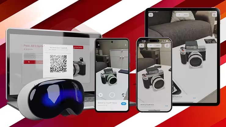 PausAR Viewer auf Laptop, Apple Vision Pro, Android-Smartphone, iPhone und iPad: eine Kamera als 3D-Modell und in Augmented Reality