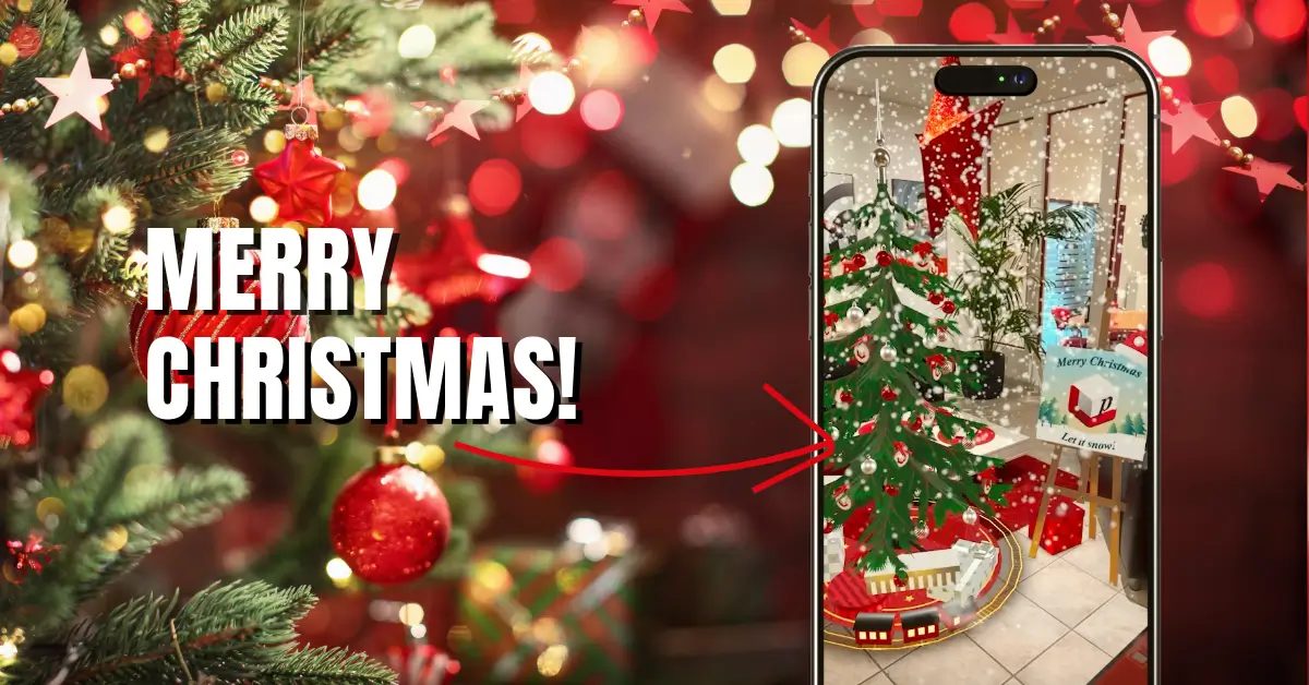 Smartphone zeigt einen geschmückten Weihnachtsbaum mit Spielzeugzug und Schnee in AR, links Baumschmuck und „Merry Christmas“
