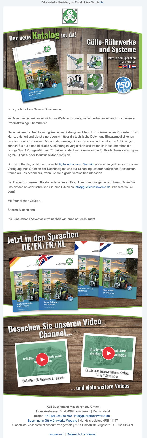 Newsletter von Karl Buschmann Maschinenbau mit Katalogankündigung