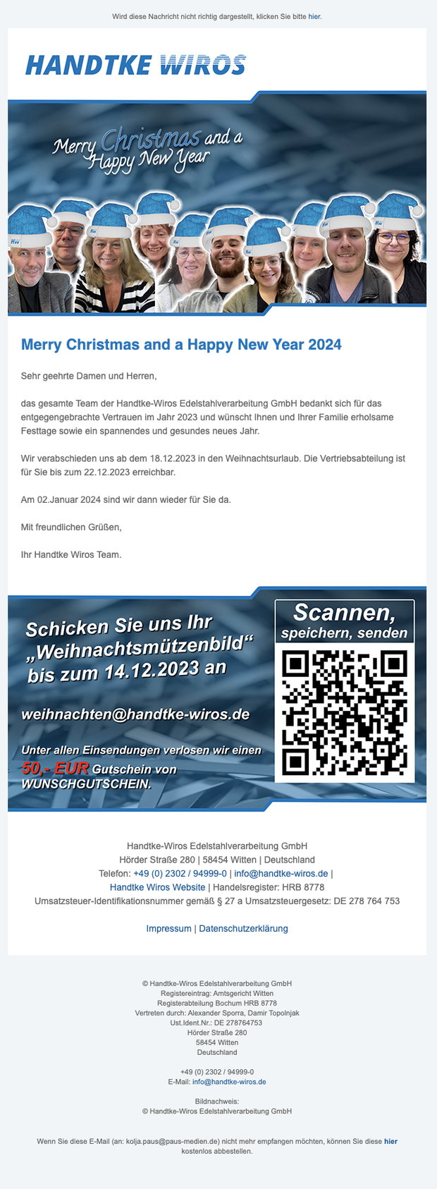 Weihnachtsnewsletter von Handtke-Wiros mit Team und Gewinnspiel