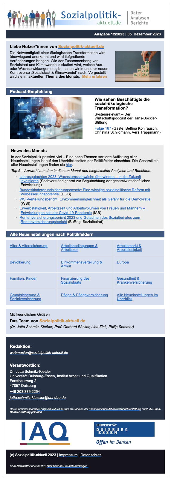 Newsletter von Sozialpolitik aktuell mit Themenliste und Datenlinks