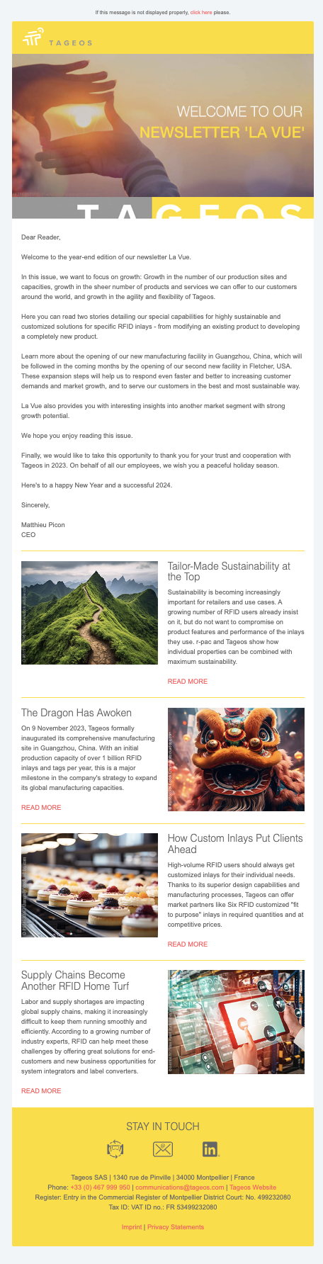 Englischer Newsletter von Tageos: Jahresausgabe von La Vue mit dem Titel Welcome to our newsletter