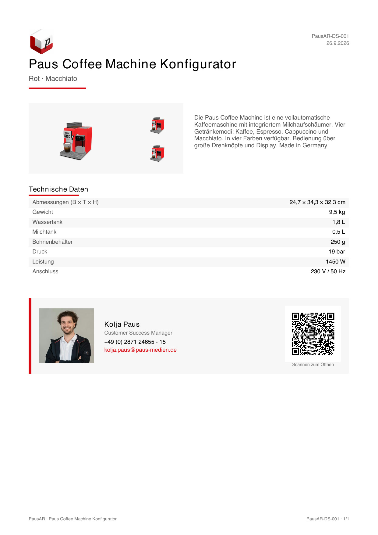 Erste Seite des PDF-Datenblatts: Paus Coffee Machine in Rot mit Macchiato, Beschreibung, technische Daten, Ansprechpartner und QR-Code.