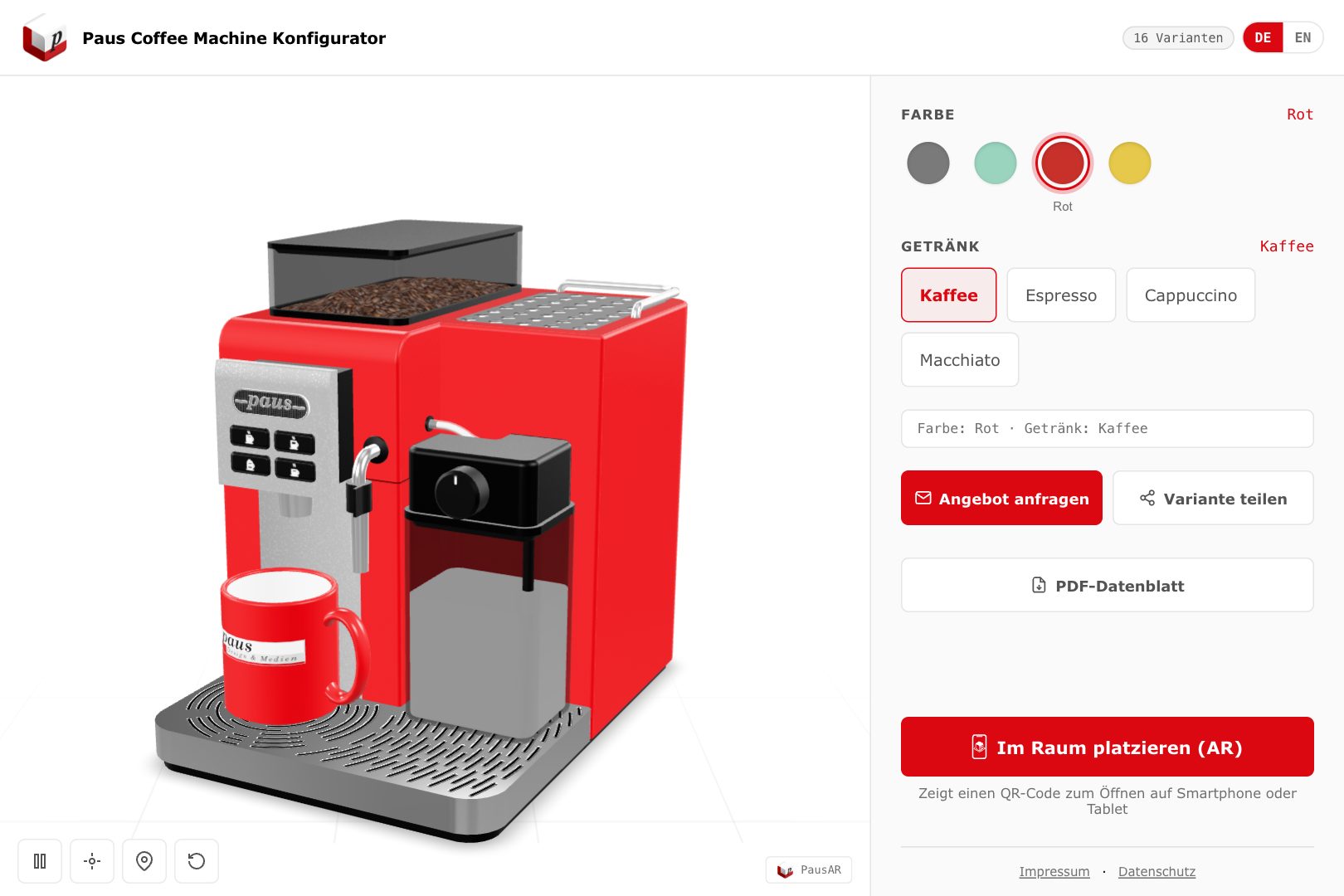 Vorschaubild zur Demo: PausAR Sales Config mit der Paus-Kaffeemaschine