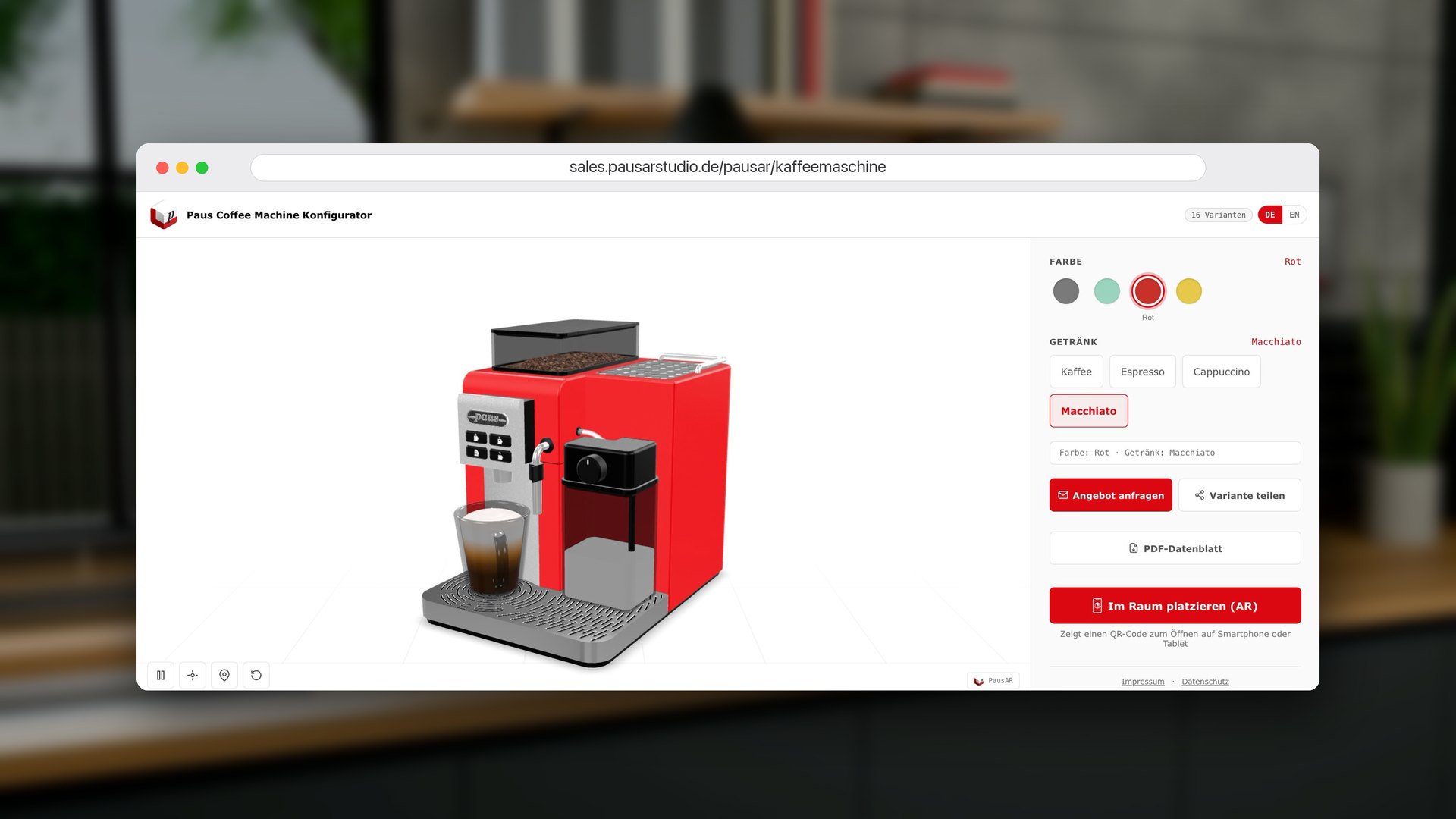 Die Sales Config im Browser unter eigener Adresse: rote Kaffeemaschine mit Macchiato, rechts Farbe, Getränk, Angebot, PDF-Datenblatt und AR.