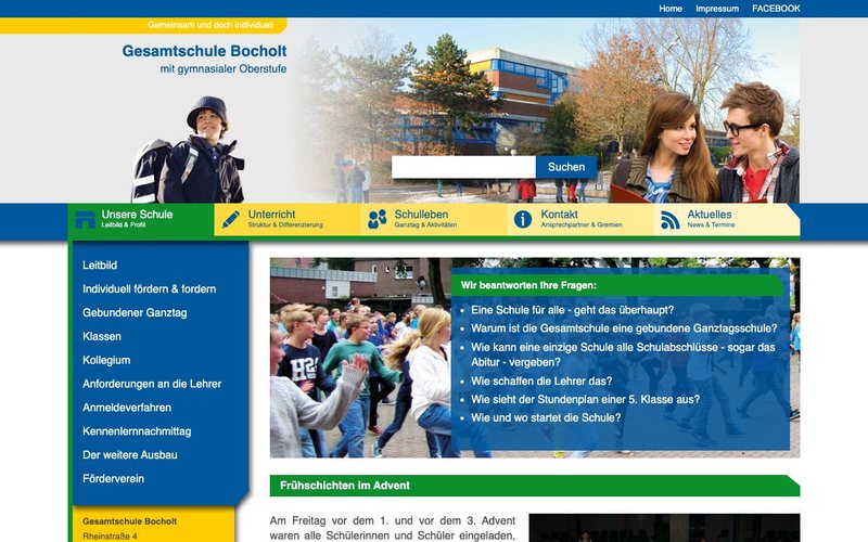 Die erste Website der Gesamtschule Bocholt aus dem Jahr 2012