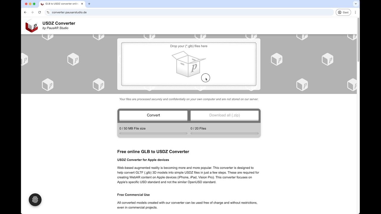Vorschaubild zum Video: Free online GLB to USDZ converter for web Augmented Reality - Convert 3D models for AR - PausAR